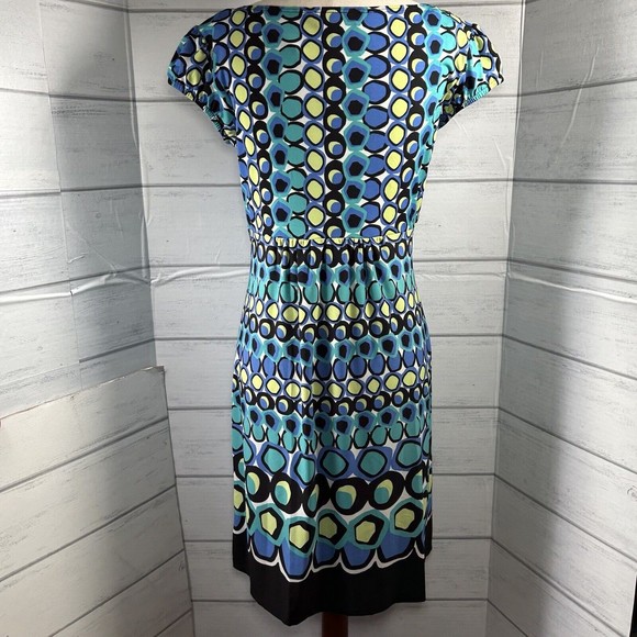 AGB Shift Dress Short Sleeve Lined Geometrical Circle Blue Yellow Size 12 Petite - Picture 5 of 12